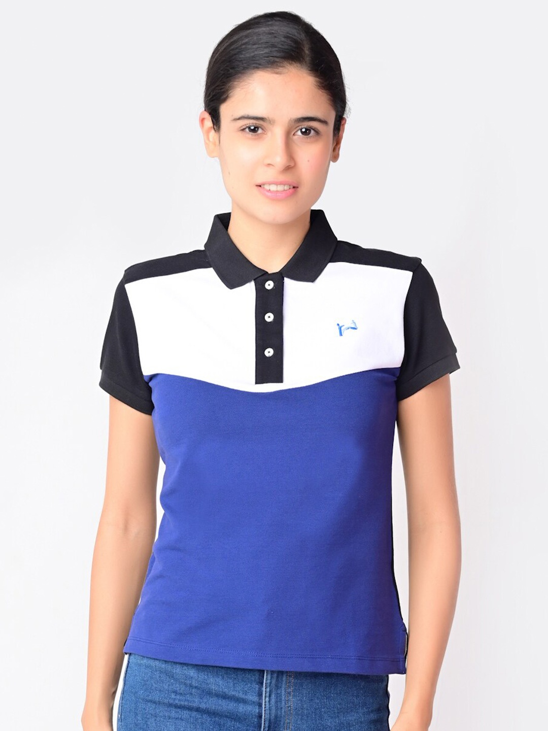 

FLAWLESS Women Blue Colourblocked Polo Collar Sustainable T-shirt