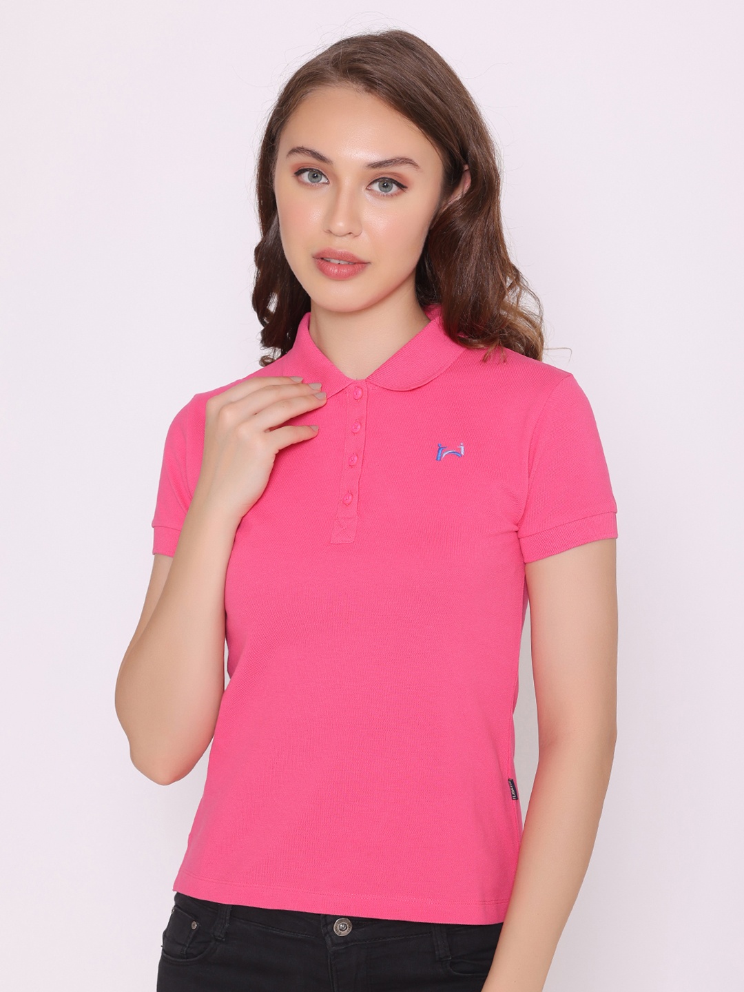 

FLAWLESS Women Pink Polo Collar Cotton Sustainable T-shirt