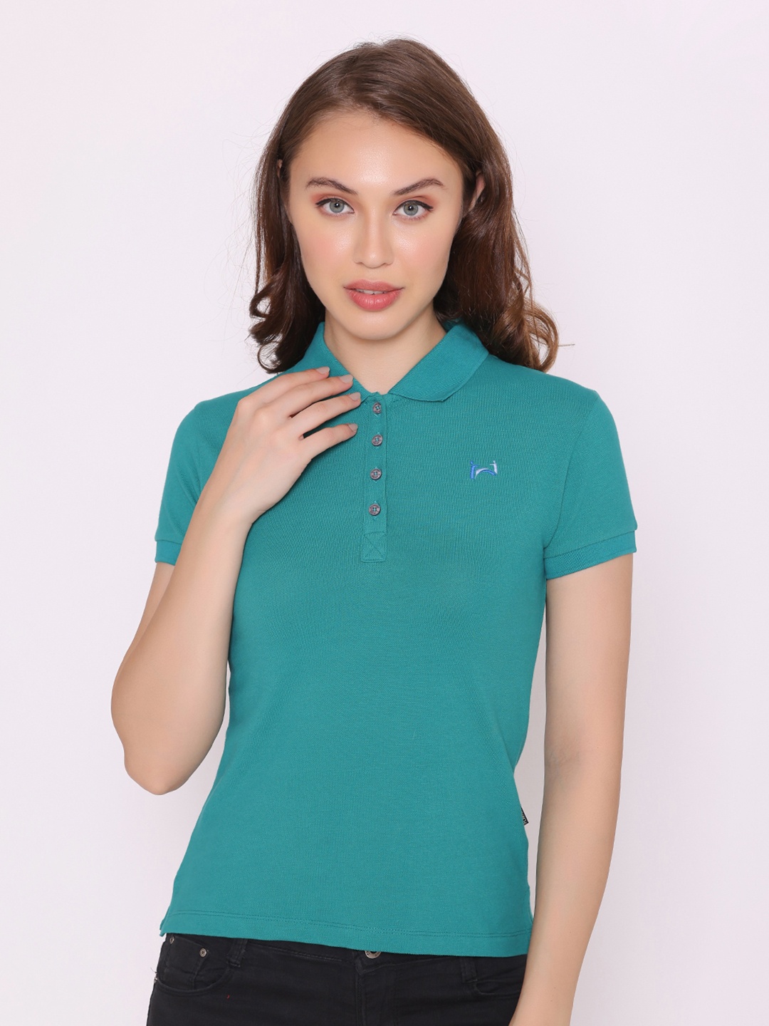 

FLAWLESS Women Green Polo Collar Sustainable T-shirt