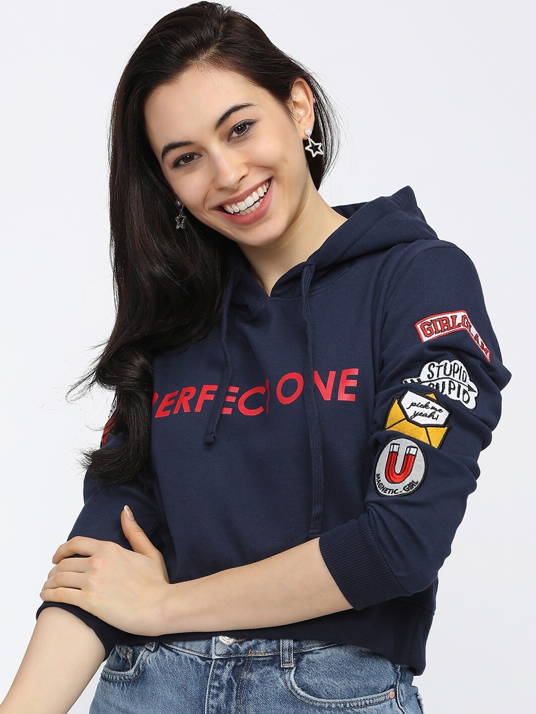 

Tokyo Talkies Women Navy Blue Printed Hooded Sweatshirt