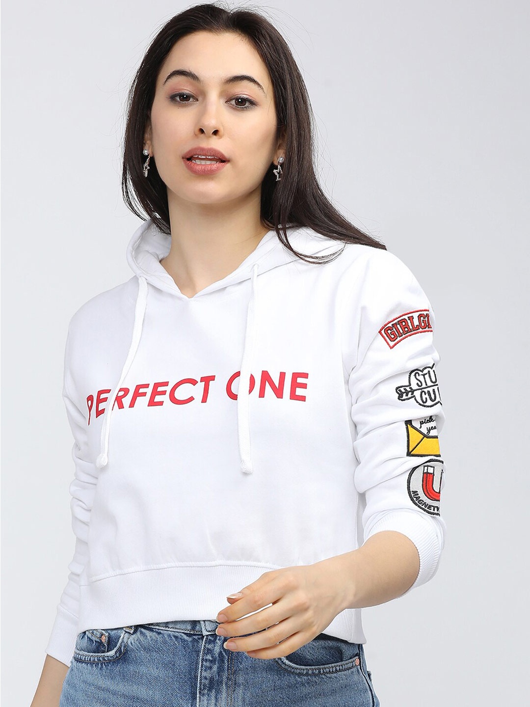 

Tokyo Talkies Women White Printed Hooded Sweatshirt