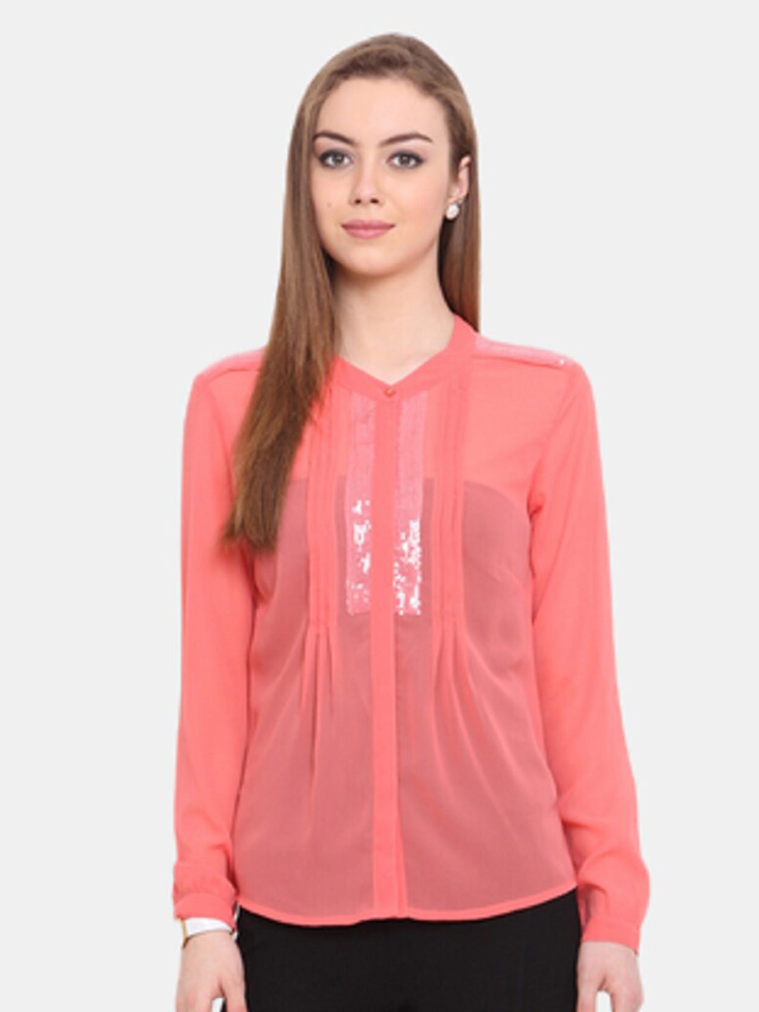 

Porsorte Women Coral Comfort Sheer Sequined Shirt
