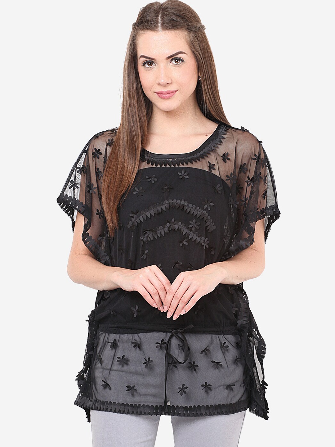 

Porsorte Black Print Lace Kaftan Top