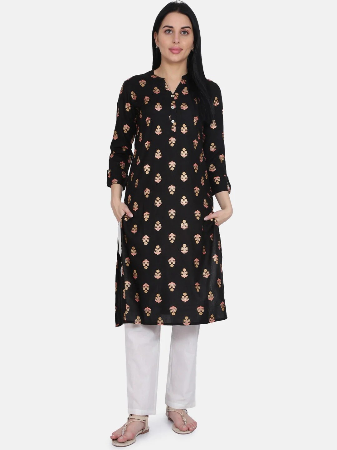 

Be Indi Women Black Ethnic Motifs Printed Thread Work Kurta