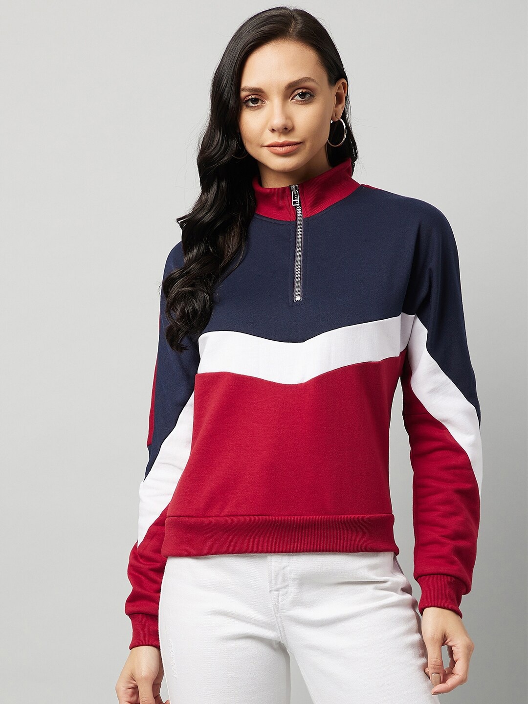 

RARE Women Navy Blue & Red Colourblocked Sweatshirt