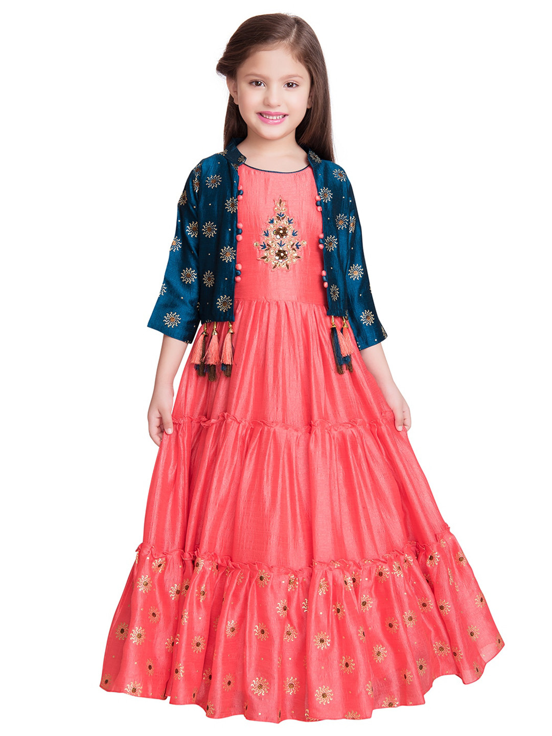 

BETTY Red & Navy Blue Floral Layered Georgette Ethnic Maxi Dress
