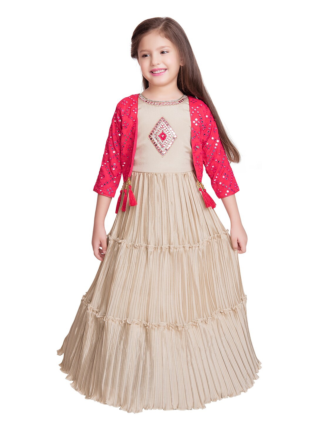 

BETTY Cream-Coloured Embellished Georgette Ethnic Maxi Dress wIth Jacket