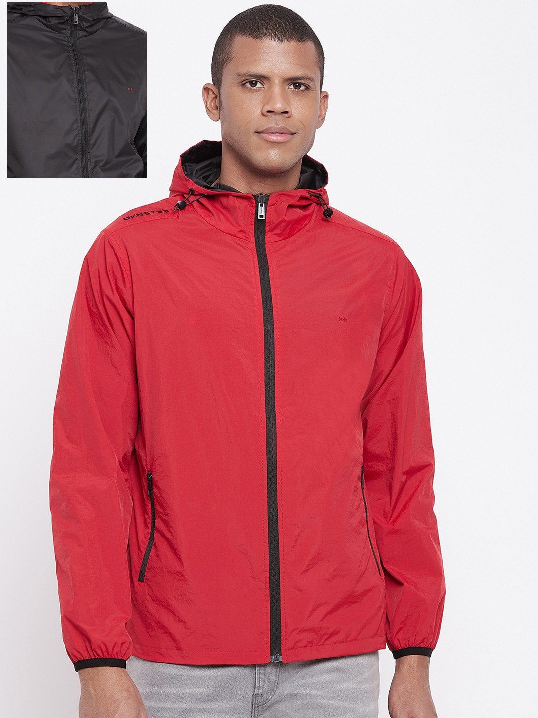 

Okane Men Red & Black Cotton Reversible Sporty Jacket