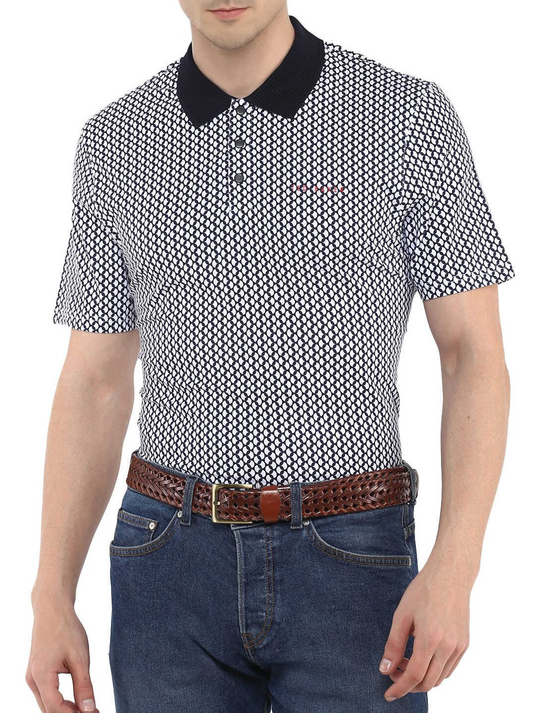 

Ted Baker Men Navy Blue & White Printed Polo Collar Pockets T-shirt