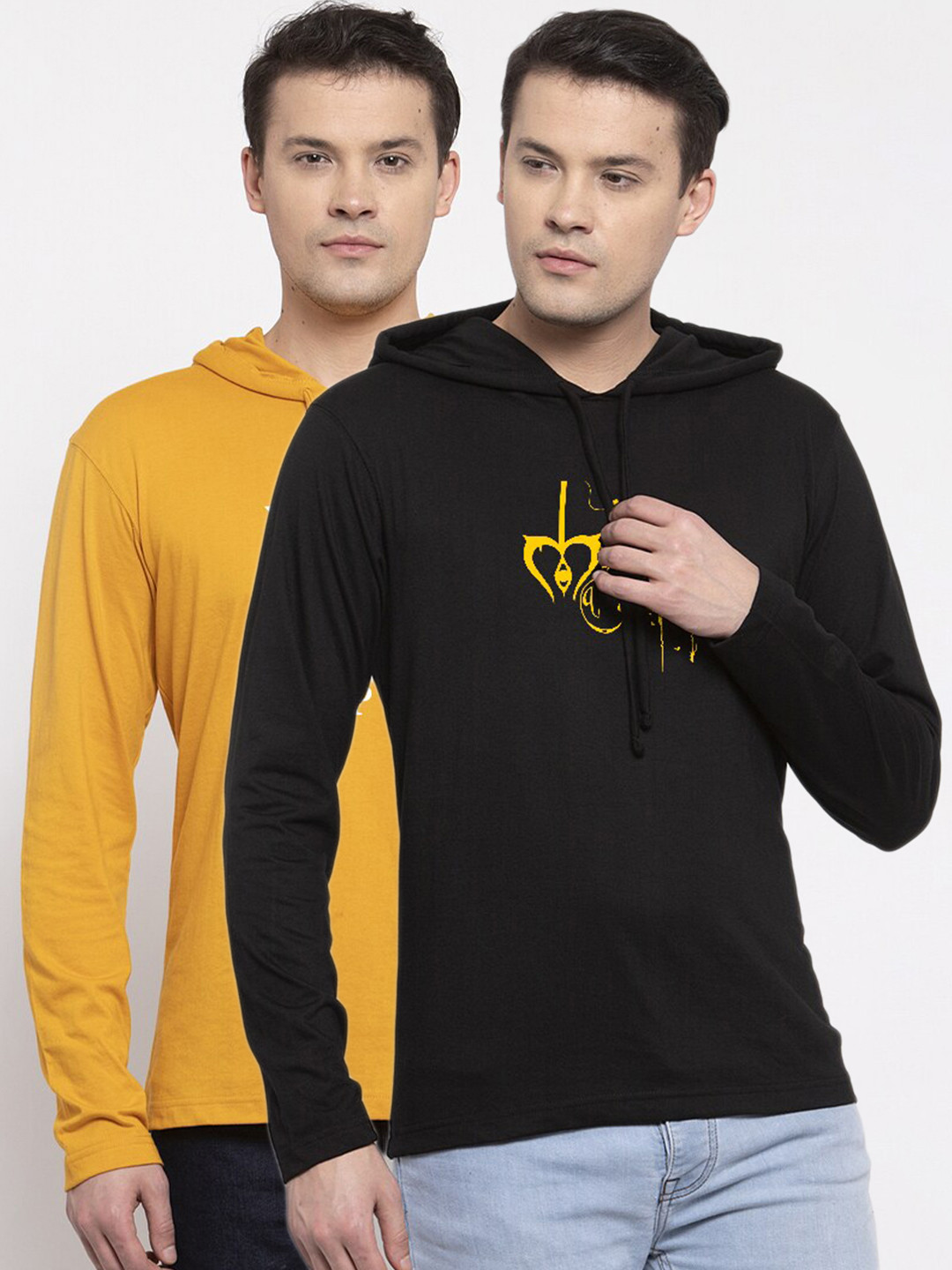 

Friskers Men Set of 2 Black & Mustard Yellow Printed T-shirt