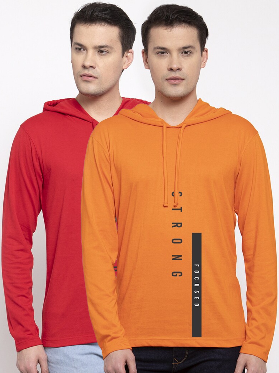 

Friskers Men Set of 2 Red & Orange Typography Printed T-shirt