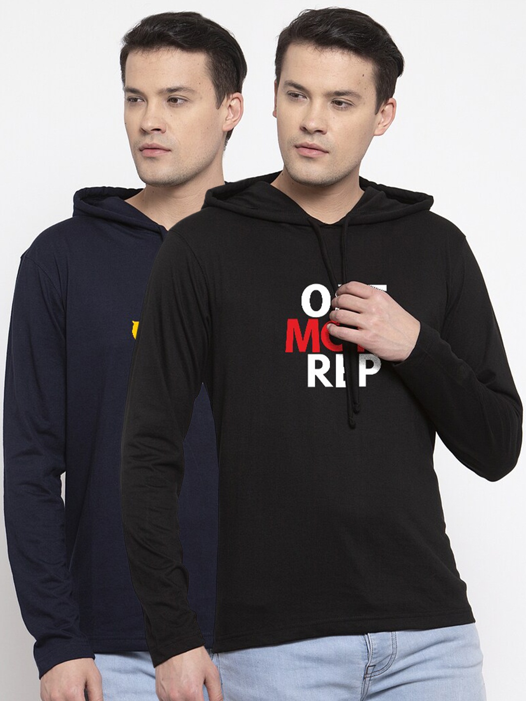 

Friskers Men Pack Of 2 Navy Blue & Black Typography Printed T-shirt