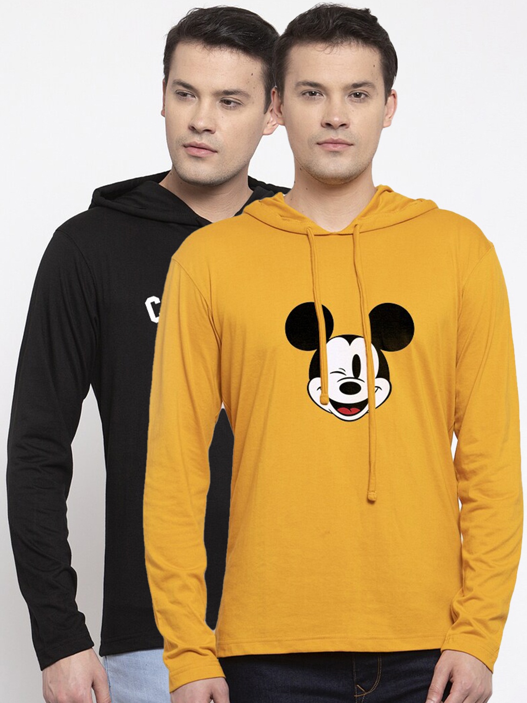

Friskers Men Mustard Yellow & Black 2 Mickey Mouse Printed Cotton T-shirts