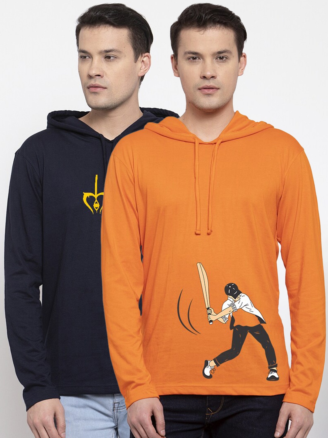 

Friskers Men Pack Of 2 Navy Blue & Orange Printed Pockets T-shirt