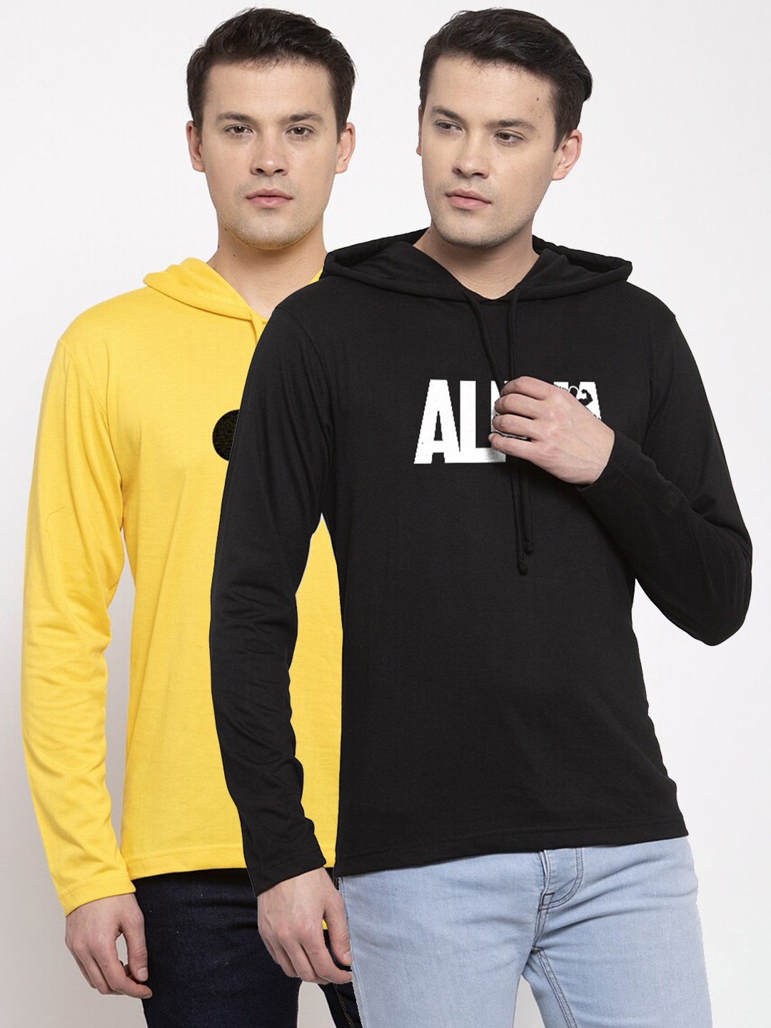 

Friskers Men Set of 2 Yellow & Black Typography Printed T-shirt