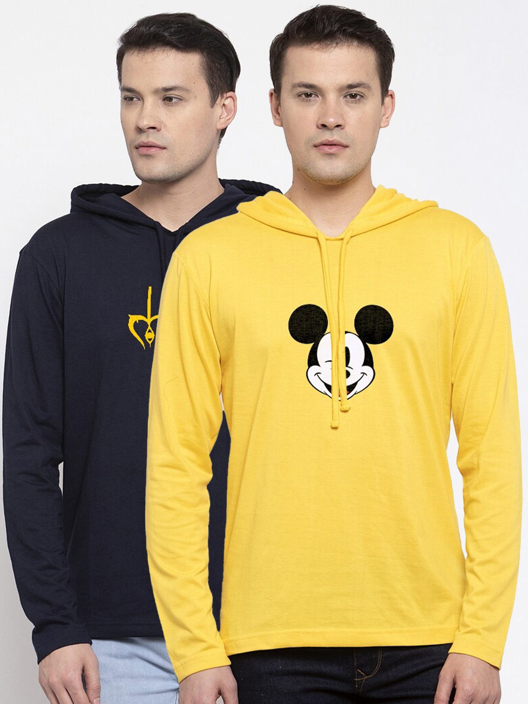 

Friskers Men Pack Of 2 Navy Blue & Yellow Mickey Mouse Printed T-shirts
