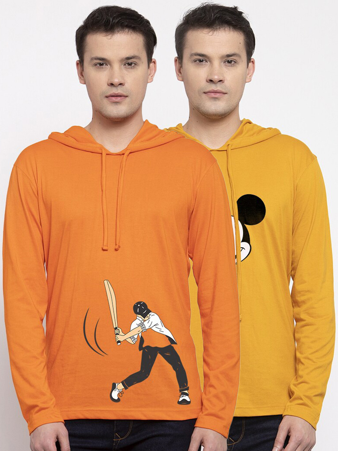 

Friskers Men Orange & Mustard Yellow 2 Mickey Mouse Printed Cotton T-shirts