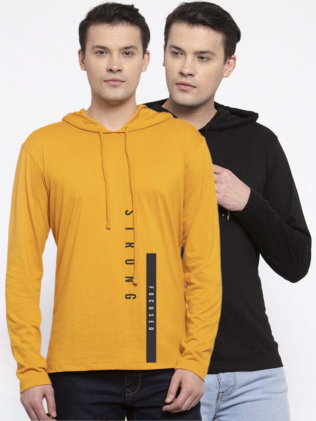 

Friskers Men Black & Mustard Yellow Typography 2 Printed Cotton T-shirts