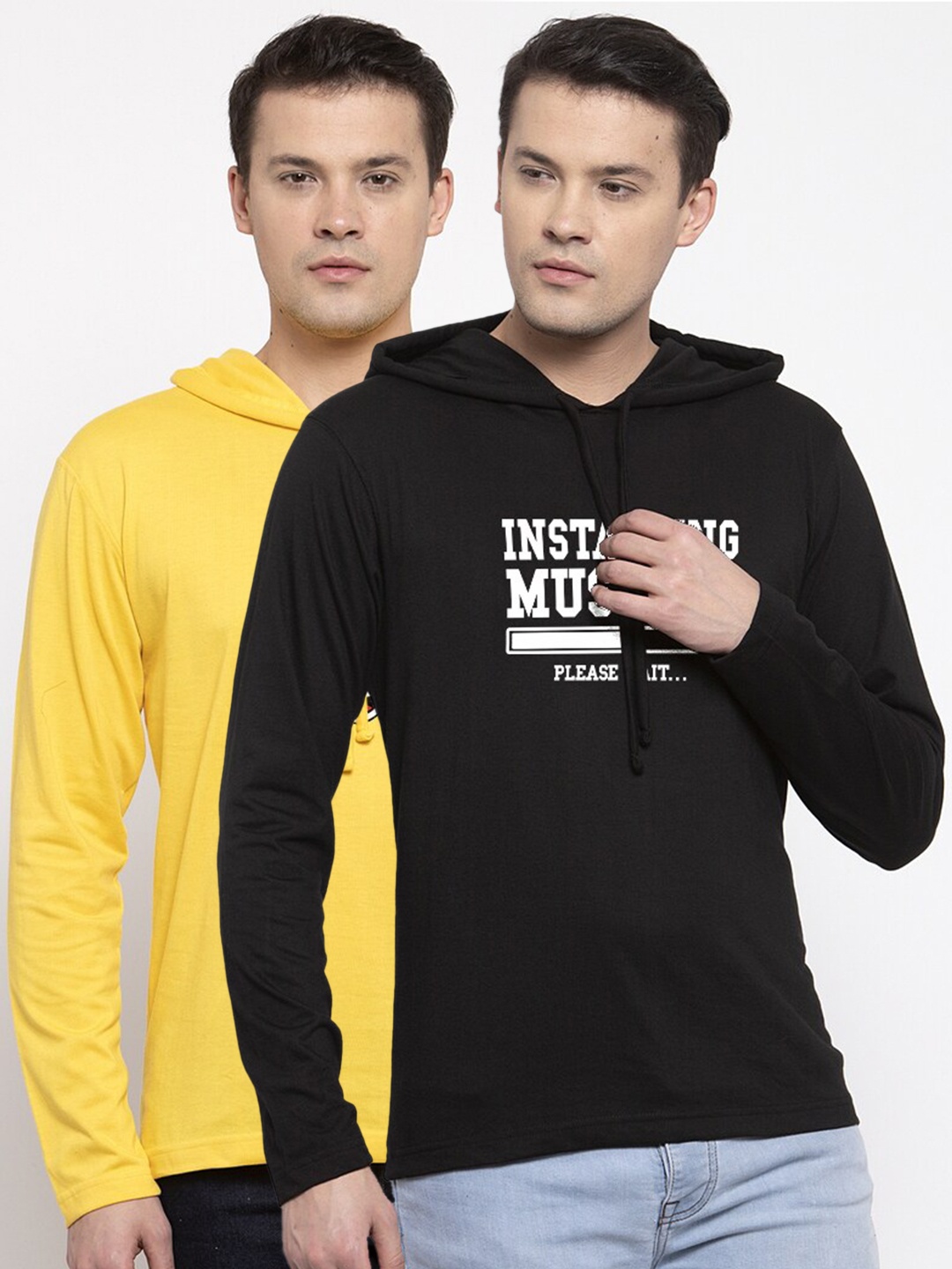 

Friskers Men Yellow & Black Set Of 2 Printed Hooded T-shirt