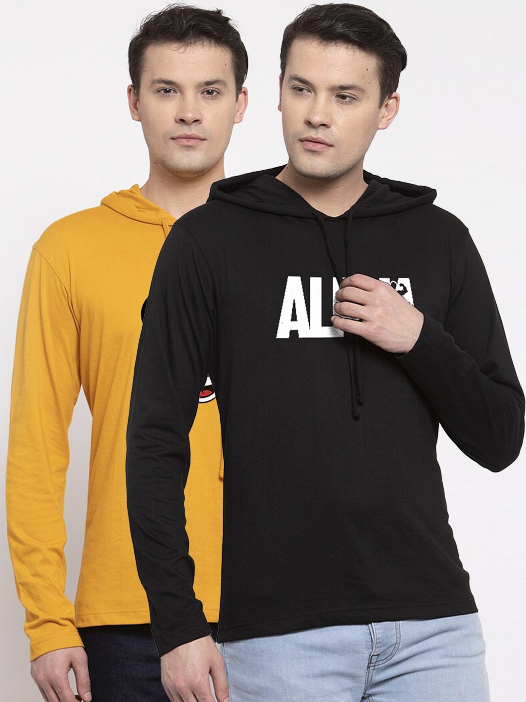 

Friskers Men Set of 2 Mustard Yellow & Black Typography Printed T-shirt