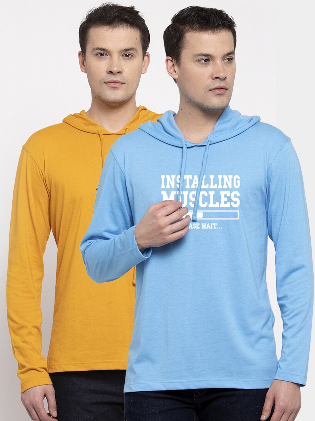 

Friskers Men Pack Of 2 Yellow & Blue Typography Printed T-shirt