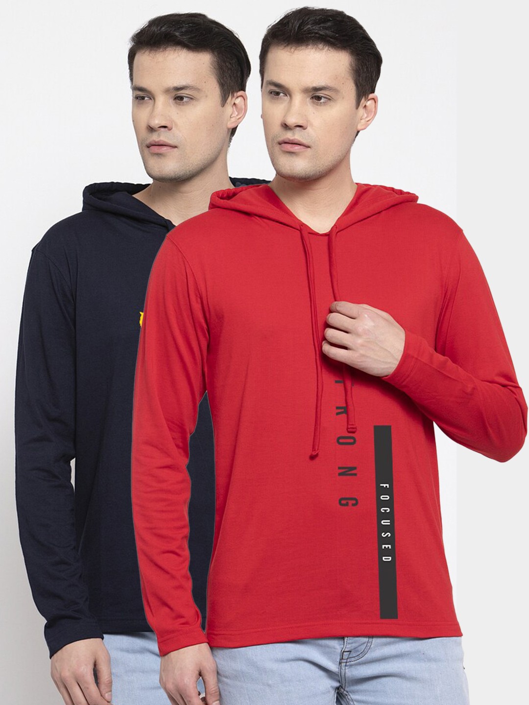 Friskers Men Navy Blue & Red Typography 2 Printed Cotton T-shirts