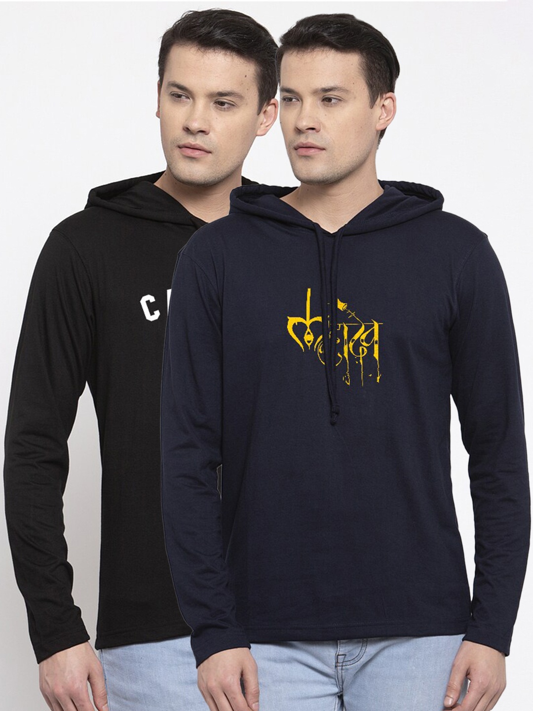 Friskers Men Pack Of 2 Navy Blue & Black Printed T-shirts