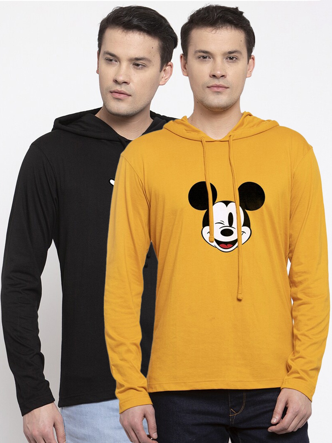 

Friskers Men Mustard Yellow & Black 2 Mickey Mouse Printed Cotton T-shirts