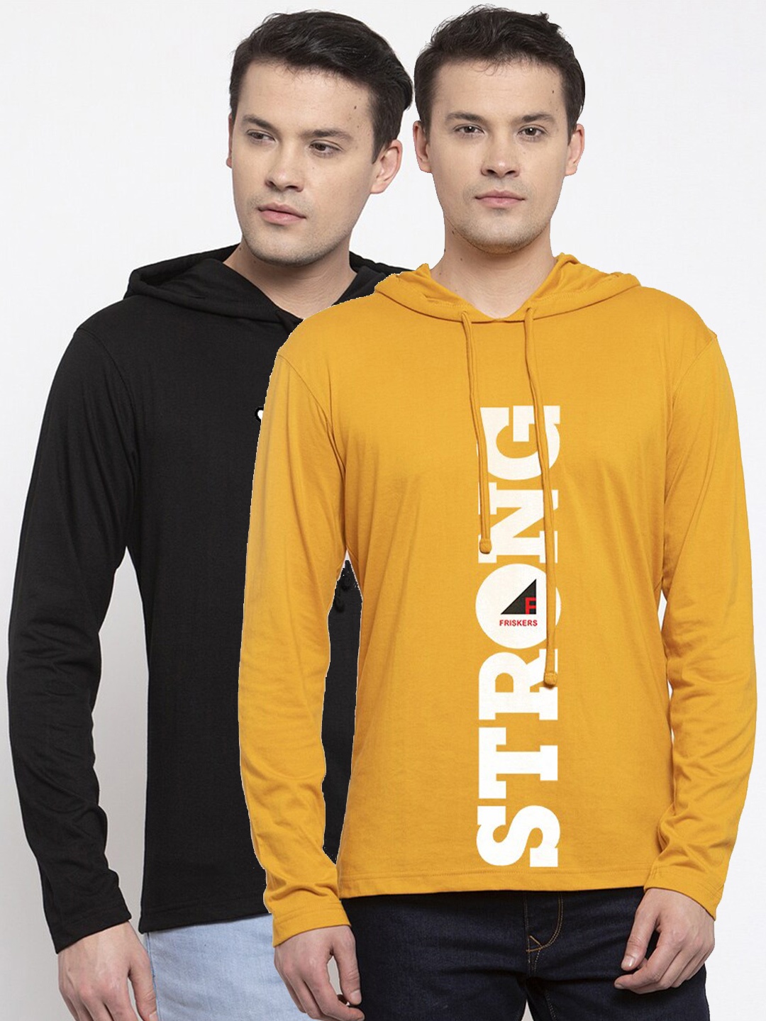 

Friskers Men Set of 2 Black & Mustard Yellow Typography Printed T-shirt