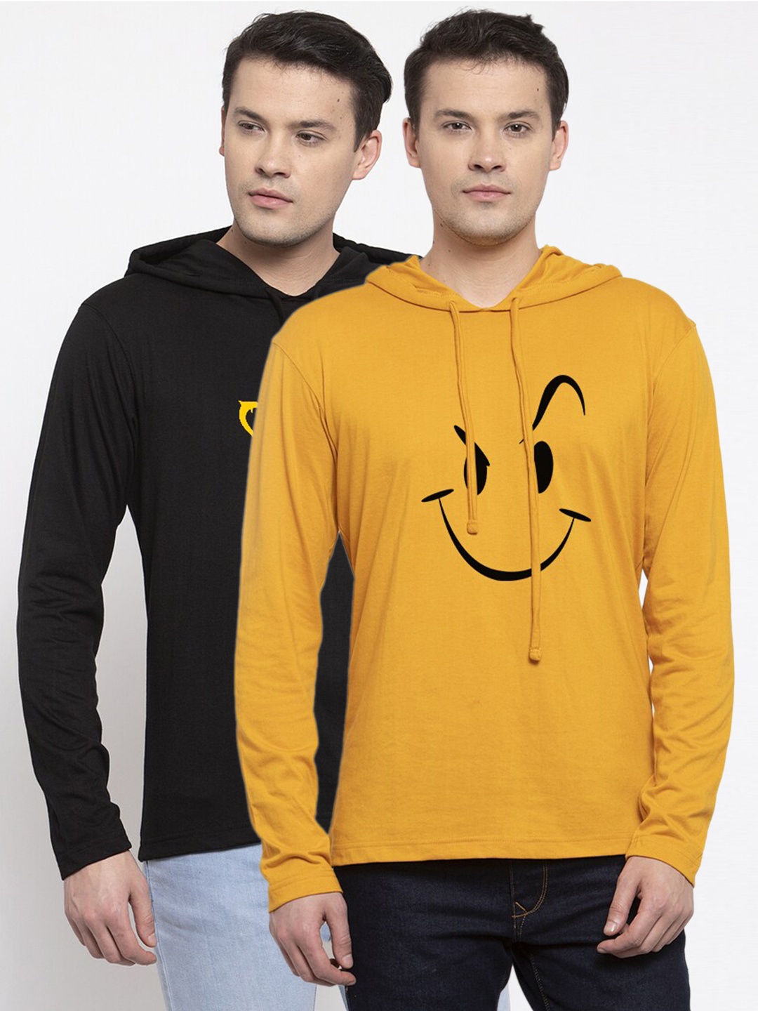 

Friskers Men Set of 2 Black & Mustard Yellow Printed T-shirt