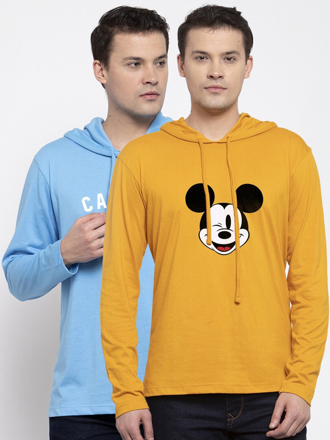 

Friskers Men Set of 2 Mustard Yellow & Blue Mickey Mouse Printed T-shirt