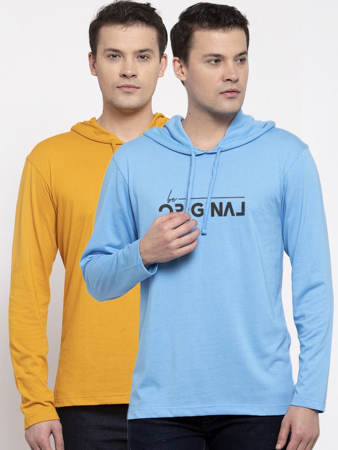 

Friskers Men Mustard Yellow & Turquoise Blue Typography 2 Printed Cotton T-shirts
