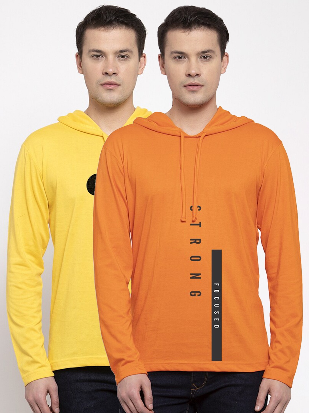 

Friskers Men Set of 2 Yellow & Orange Typography Printed T-shirt