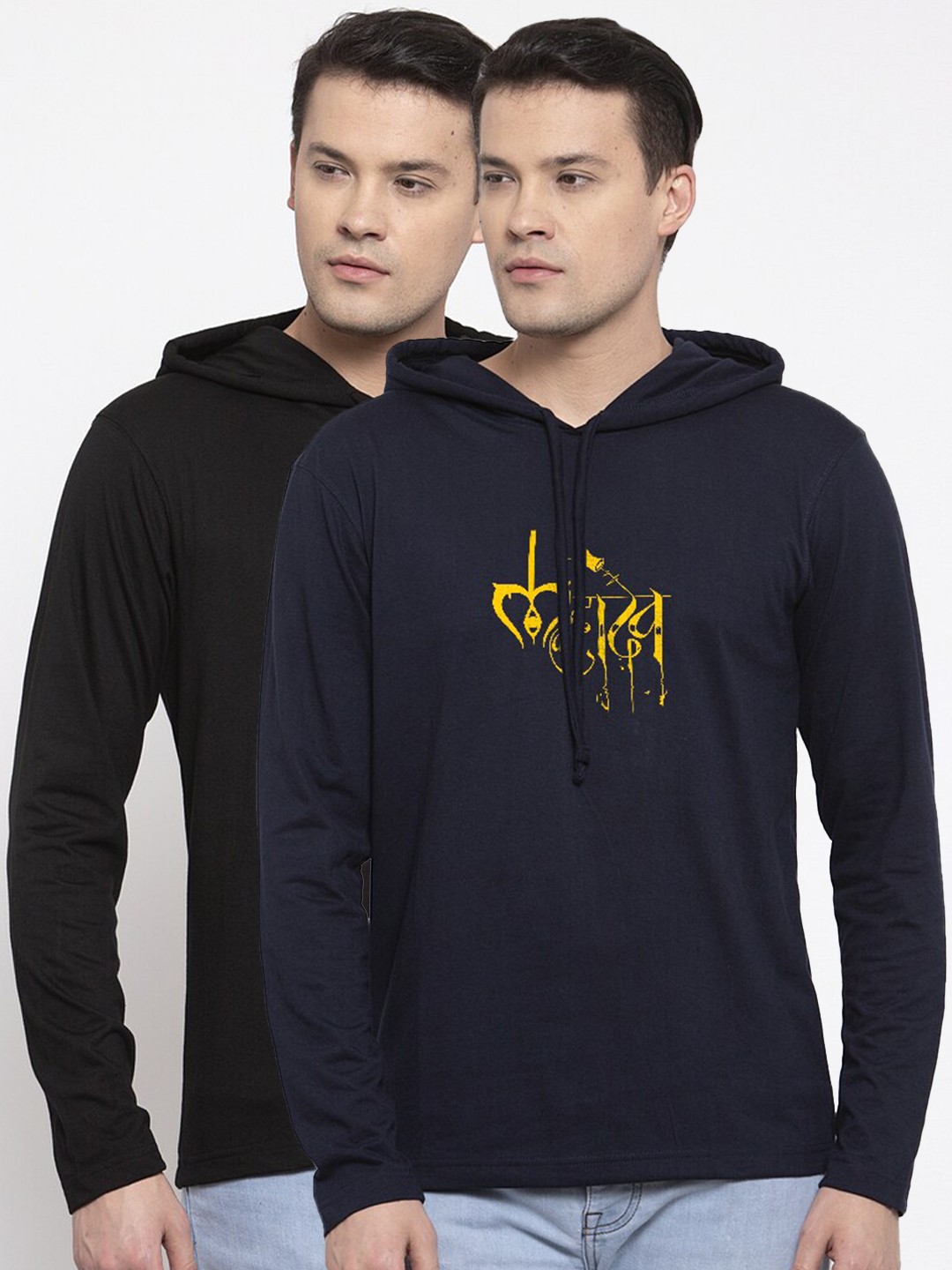 

Friskers Men Set of 2 Navy Blue & Black Typography Printed T-shirt