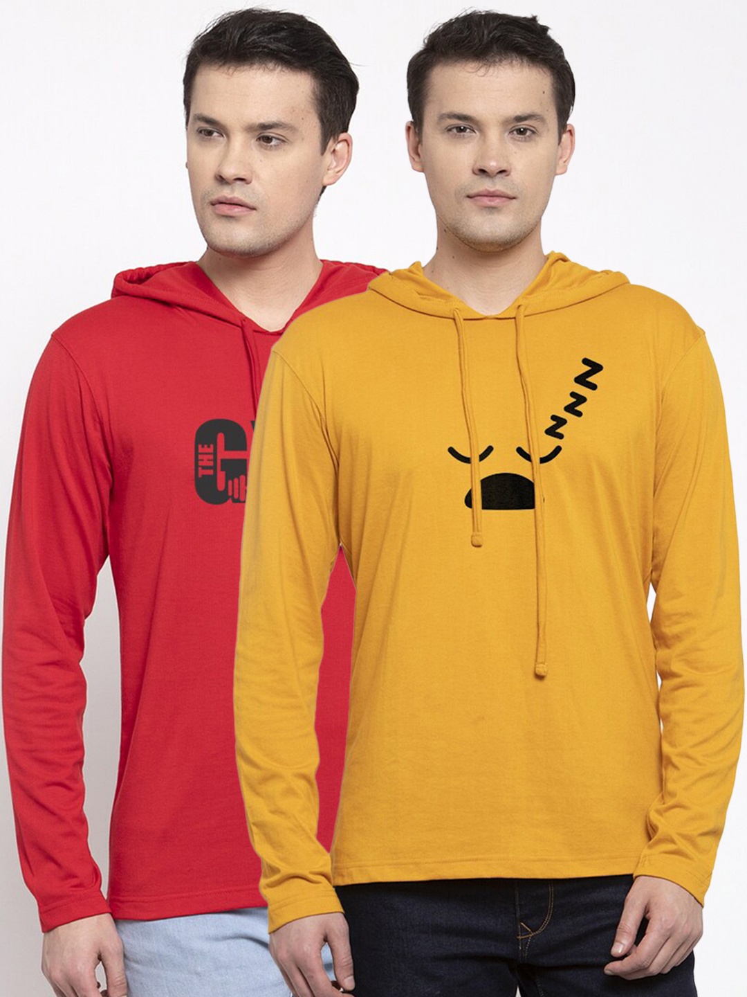 

Friskers Men Pack Of 2 Yellow & Red Printed Raw Edge T-shirt