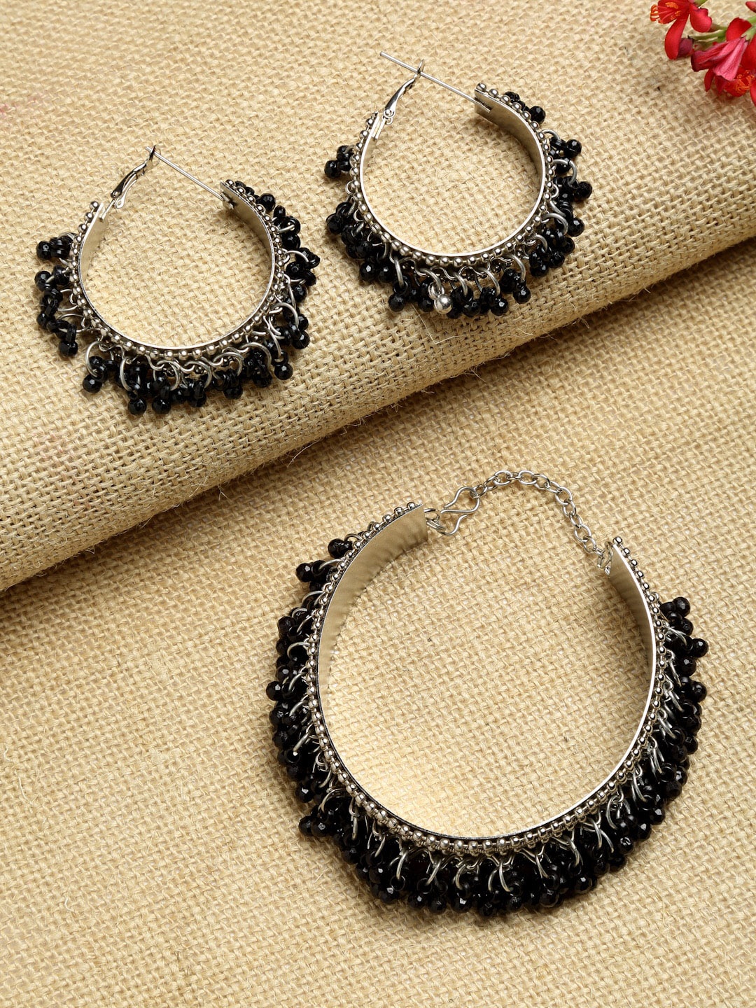 

NEUDIS Silver-Plated & Black Beaded Jewellery Set