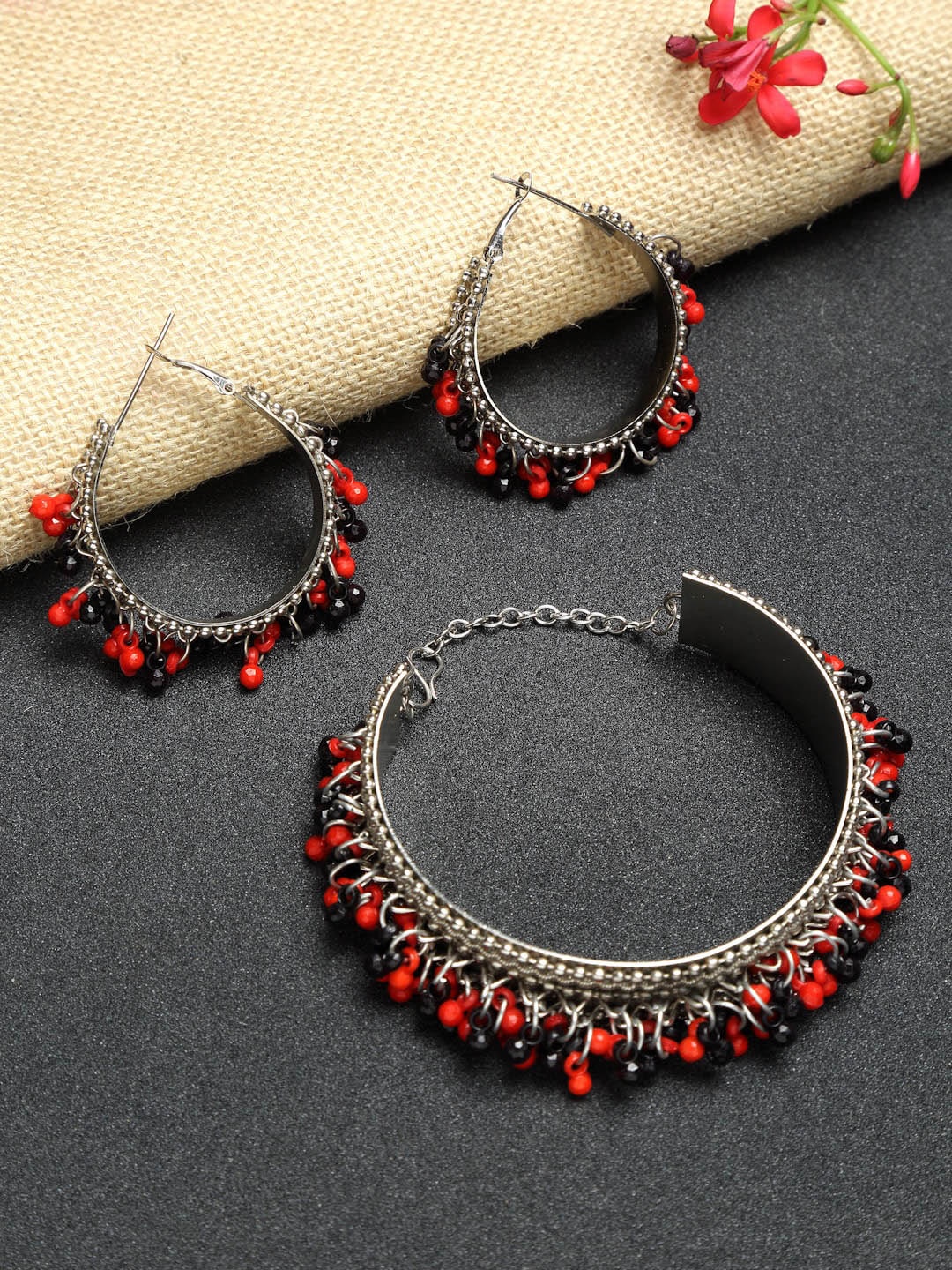 

NEUDIS Silver-Plated & Red Oxidised Antique Statement Jewellery Set
