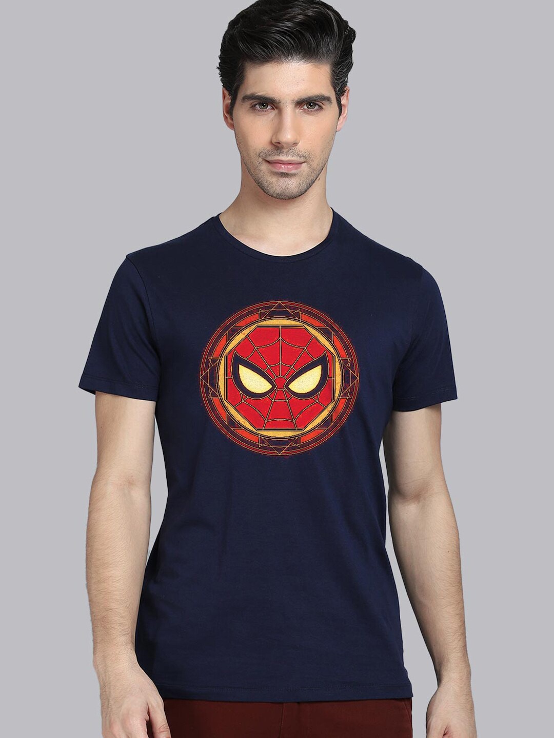 

Free Authority Men Navy Blue Spider-Man Printed Applique T-shirt
