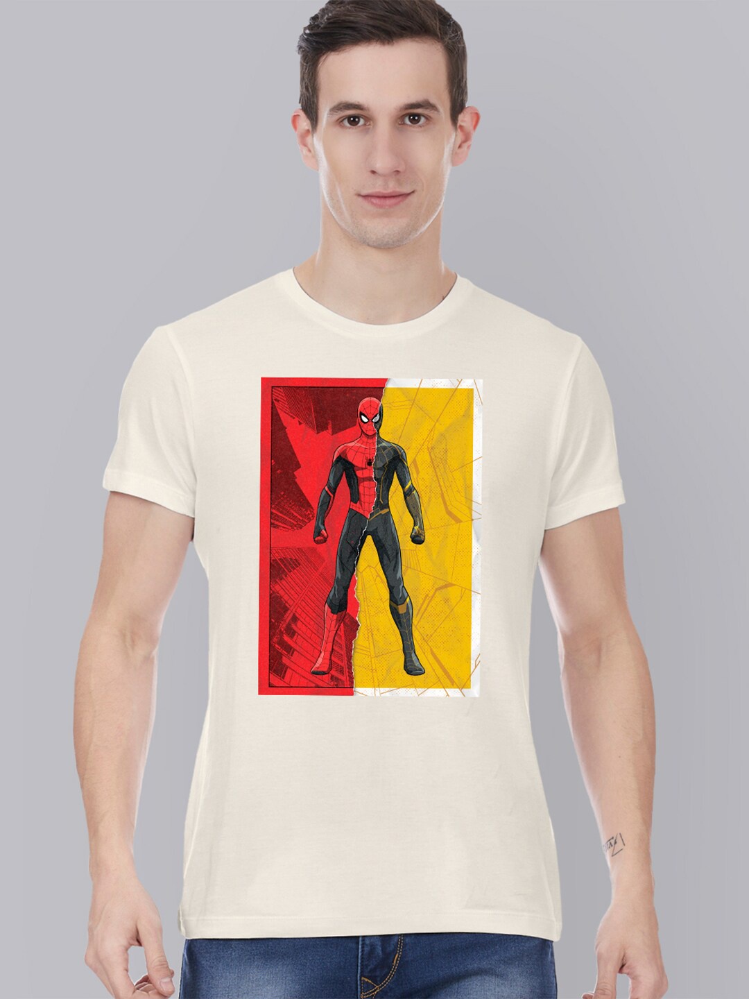 

Free Authority Men Off White & Red Spider-Man Printed Pure Cotton T-shirt