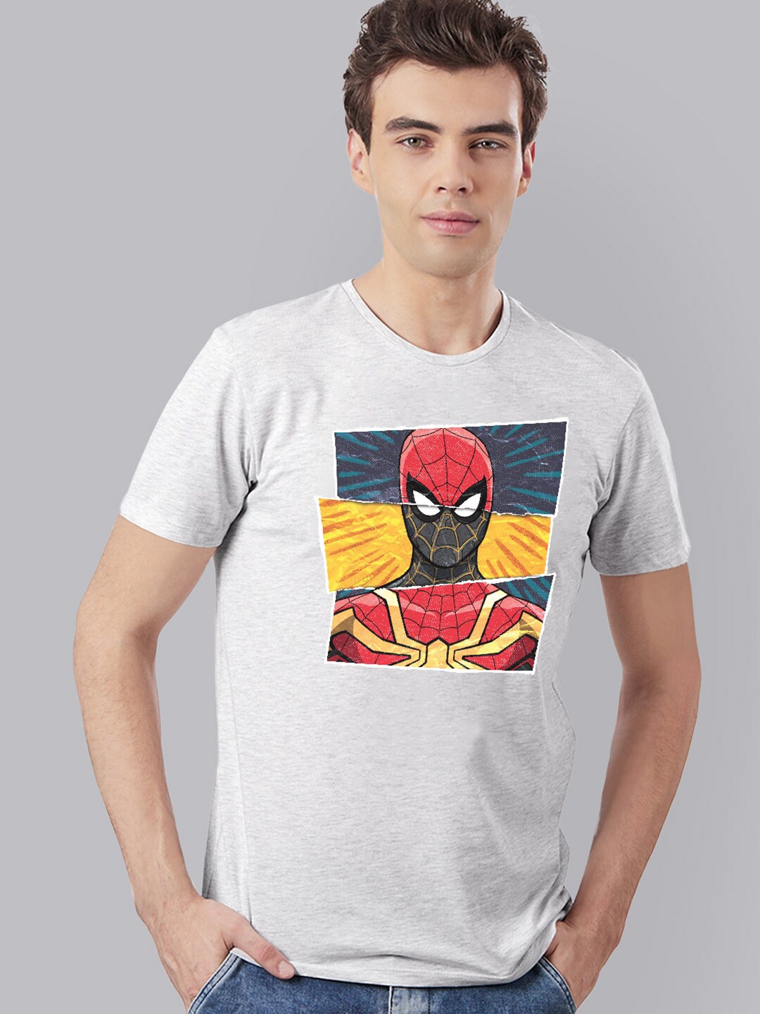 

Free Authority Men Grey Melange & Red Spider-Man Printed Pure Cotton T-shirt