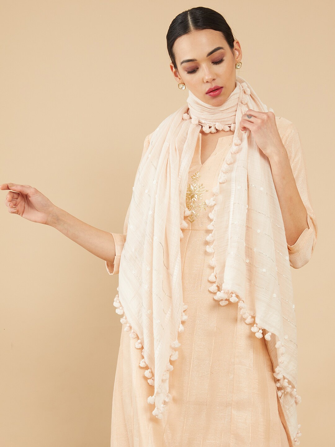 

Soch Women Off White Embroidered Cotton Stole
