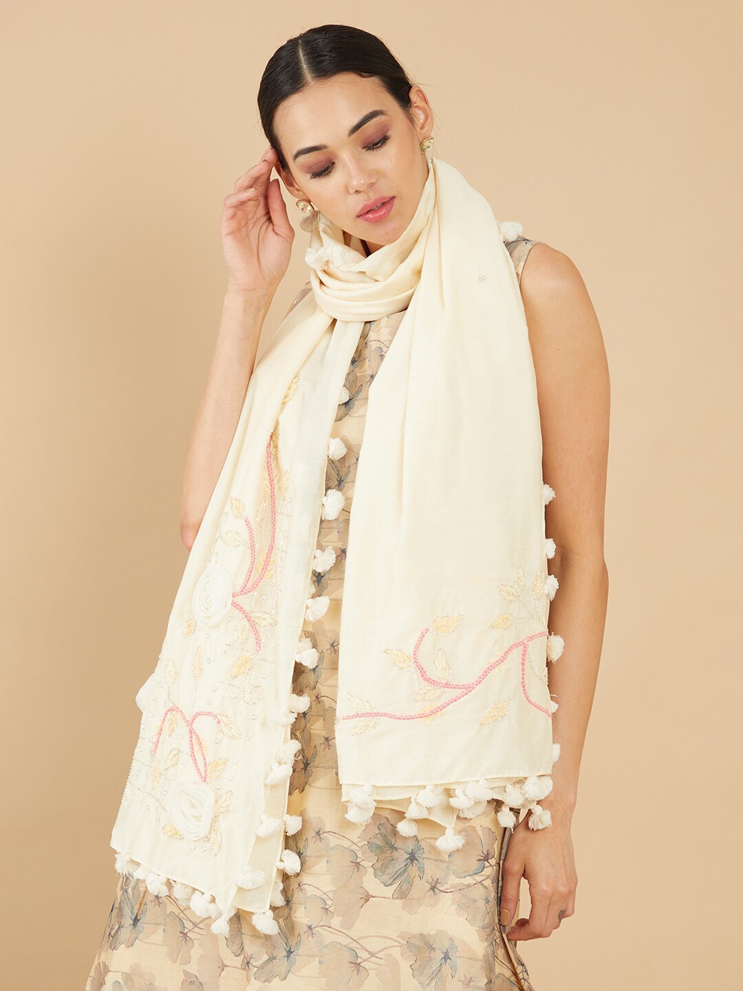 

Soch Women Off White & Pink Embroidered Stole