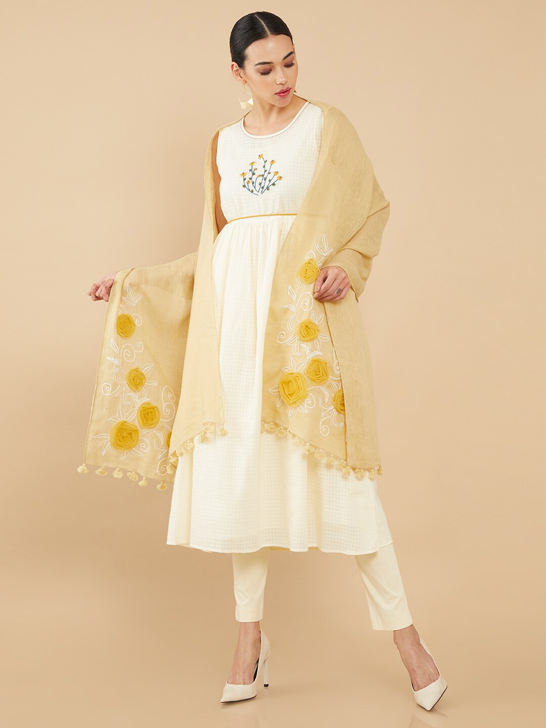 

Soch Women Beige Embroidered Linen Stole