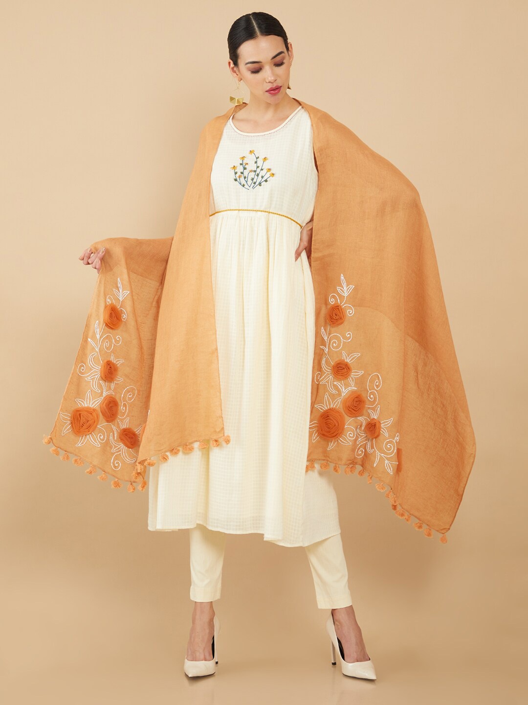 

Soch Women Brown & White Embroidered Stole
