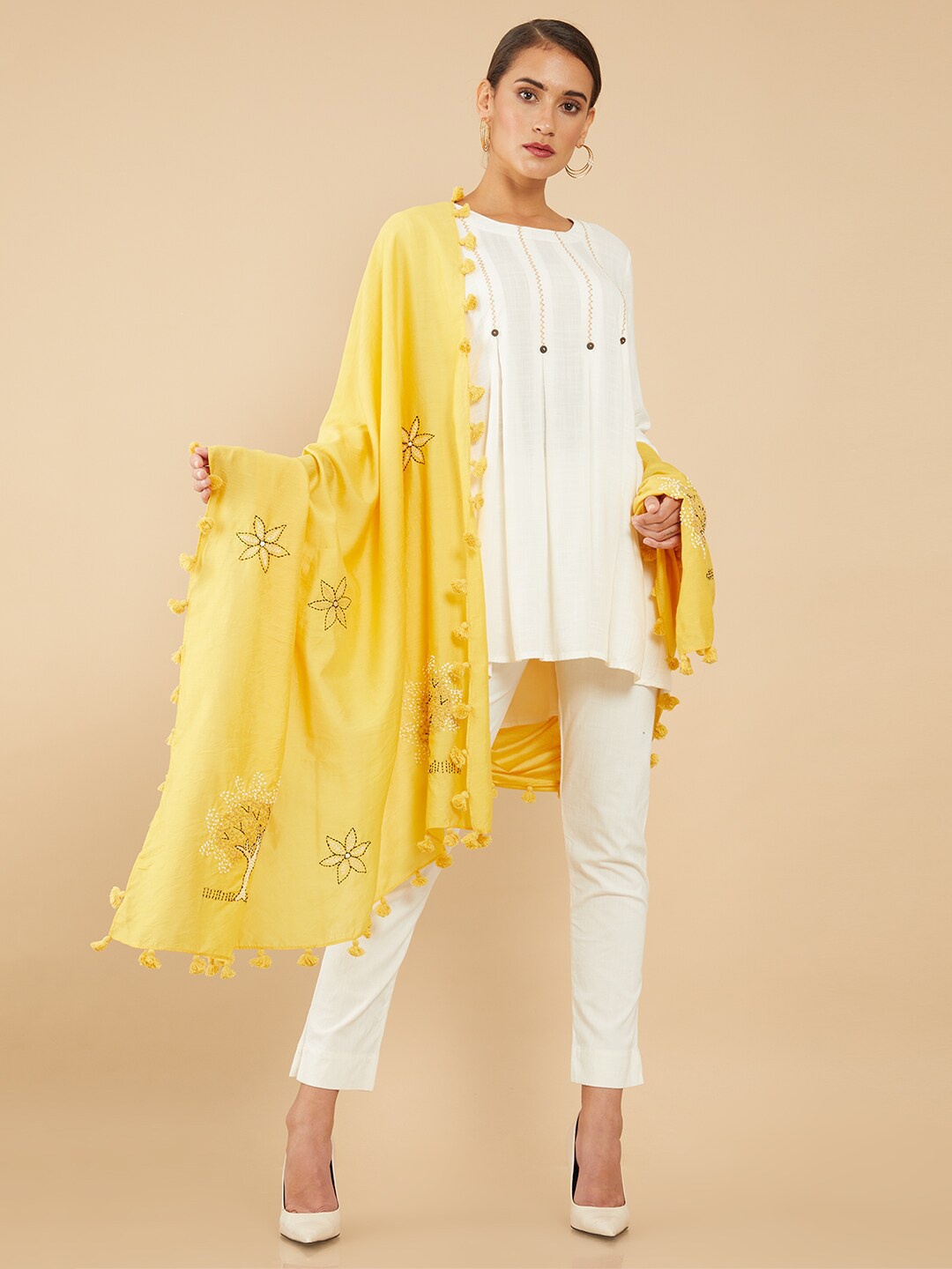

Soch Women Mustard Embroidered Chanderi Stole