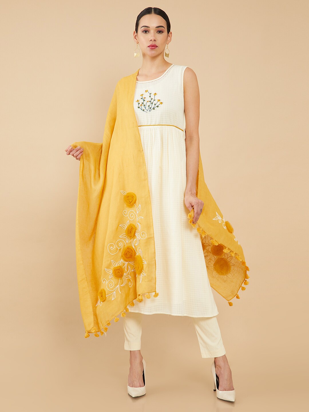 

Soch Women Mustard & White Embroidered Stole