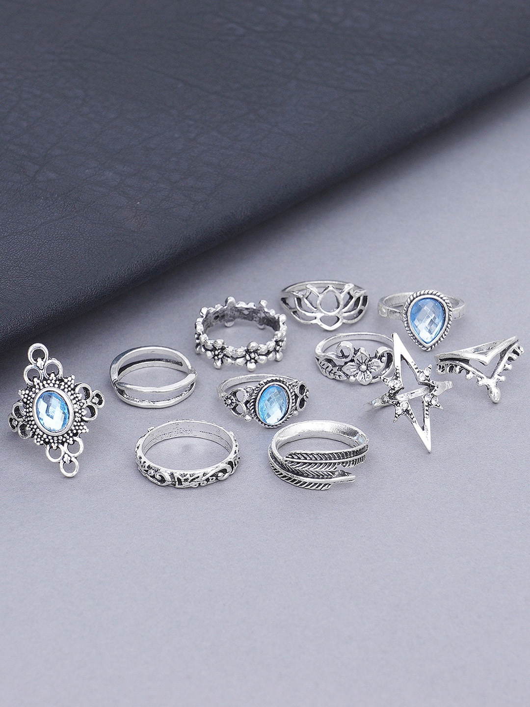 

KARATCART Set Of 11 Oxidised Silver-Plated & Turquoise-Blue Stones-Studded Finger Rings