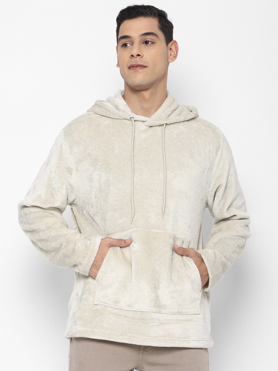 

FOREVER 21 Men Cream-Coloured Hooded Sweatshirt