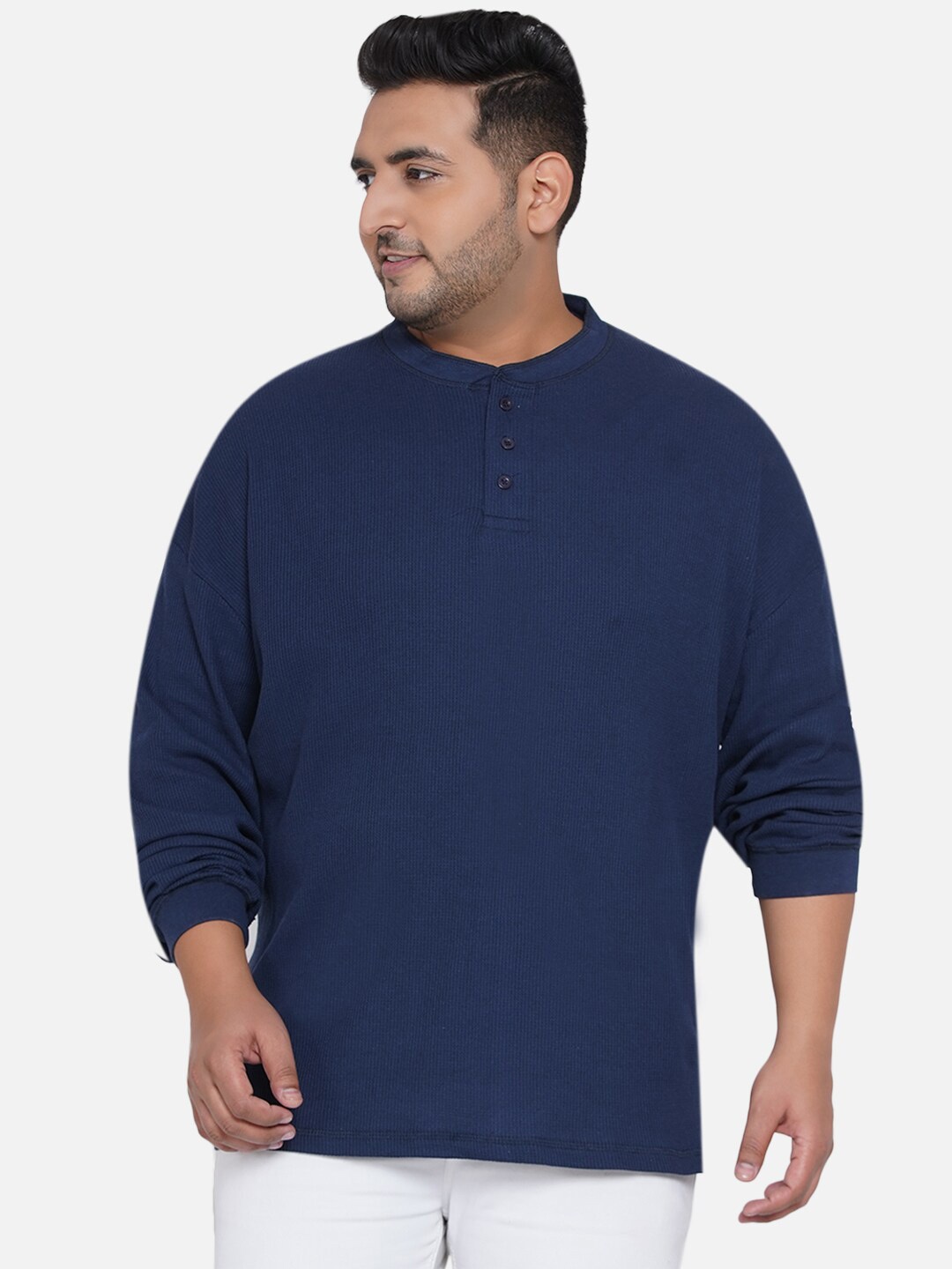 

Santonio Men Navy Blue Cotton Henley Neck T-shirt