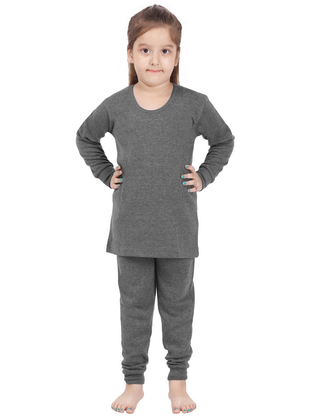 

POPLINS Kids Grey Striped Ribbed Woolen Thermal Set
